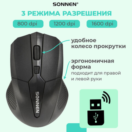 Набор беспроводной SONNEN K-648, клавиатура 117 клавиш, мышь 4 кнопки 1600 dpi, черный, 513208