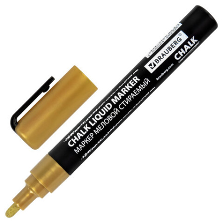 Маркер меловой CHALK LIQUID MARKER, ЗОЛОТИСТЫЙ, 3 мм, стираемый, BRAUBERG "CHALK", 152594