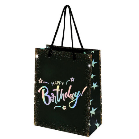 Пакет подарочный (1 штука) 18х10х23 см (M), "Happy Birthday", ассорти, глиттер, фольга, ЗОЛОТАЯ СКАЗКА, 700806