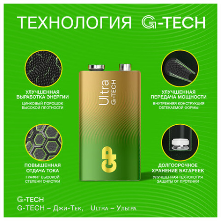 Батарейка 1 шт., GP Ultra G-Tech, Крона (6LR61, 6LF22, 1604A), алкалиновая, блистер, 1604AU-5CR1
