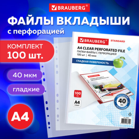 Папки-файлы перфорированные А4 BRAUBERG "STANDARD", КОМПЛЕКТ 100 шт., гладкие, 40 мкм, 229661