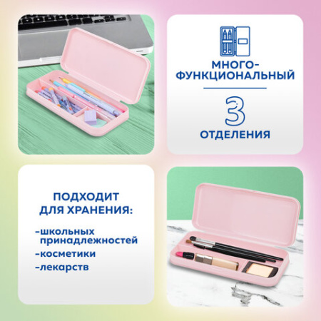 Пенал пластиковый BRAUBERG, пастельный розовый, С НАКЛЕЙКАМИ, 21х9х3 см, 272271
