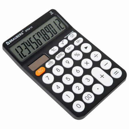 Калькулятор настольный BRAUBERG STYLE-12-BK (157х106 мм), 12 разрядов, двойное питание, ЧЕРНЫЙ, 272965