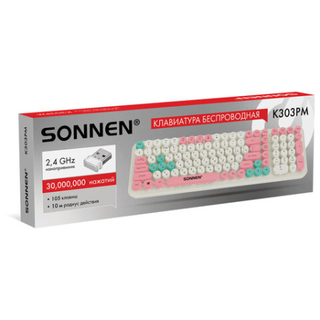 Клавиатура беспроводная USB, 105 клавиш, SONNEN K303PM, слоновая кость / розовый / мятный, 513977