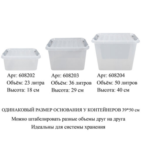 Ящик-контейнер 36 л с КРЫШКОЙ НА ЗАЩЕЛКАХ "ПРОФИ", 29х50х39 см штабелируемый, ПРОЧНЫЙ, прозрачный, 437950000
