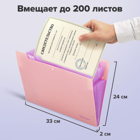 Папка-органайзер на кнопке 12 отделений, BRAUBERG "Extra", А4, персиковая с лавандовым, 271931