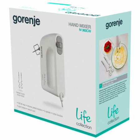 Миксер GORENJE M360CW, 300 Вт, 5 скоростей, 2 венчика, 2 крюка для теста, белый, 73334