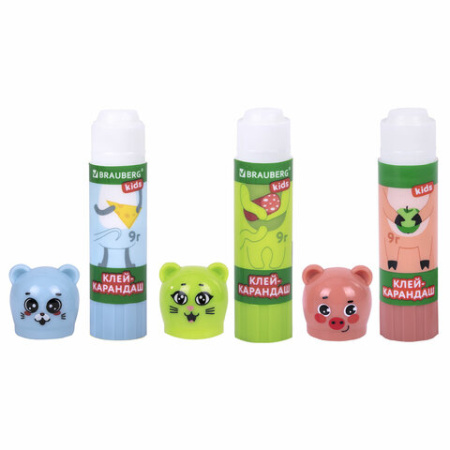 Клей-карандаш "Зверята: кошка, мышка, хрюшка", 9 г, фигурный колпачок, 3 шт./блистер, BRAUBERG KIDS, 271141
