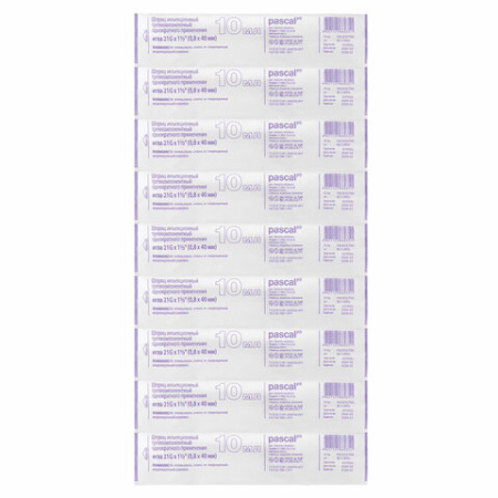 Шприц 3-х компонентный PASCAL, 10 мл, КОМПЛЕКТ 100 шт., в пакете, игла 0,8х40 – 21G, 120508