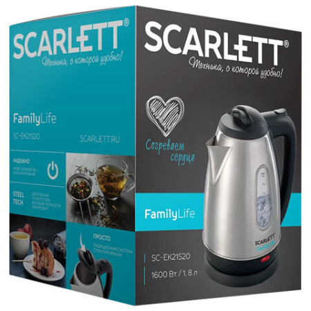 Чайник SCARLETT SC-EK21S20, 1,8 л, 1600 Вт, закрытый нагревательный элемент, сталь
