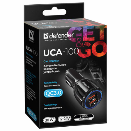 Зарядное устройство АВТОМОБИЛЬНОЕ, 2 порта USB, выходной ток 3А, черное, DEFENDER UCA-100, 83833