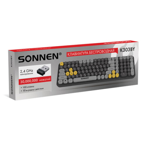 Клавиатура беспроводная USB, 105 клавиш, SONNEN K303BY, черная / серая / желтая, 513952