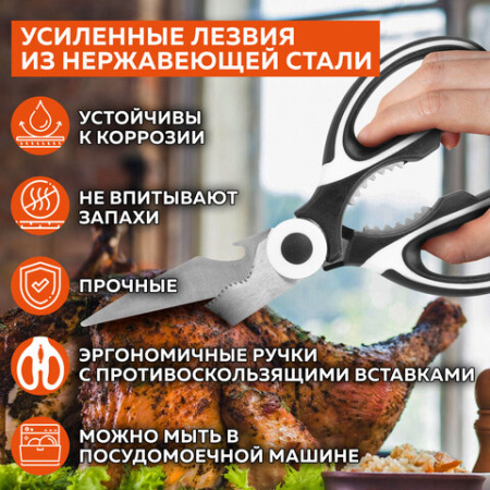 Ножницы кухонные DASWERK (ДАСВЕРК), 210 мм, с орехоколом, открывашкой, футляром для лезвий, 608904