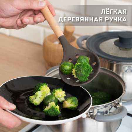 Набор силиконовых кухонных принадлежностей с деревянными ручками 12 в 1, серо-коричневый, DASWERK (ДАСВЕРК), 608195