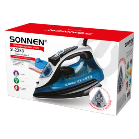 Утюг паровой SONNEN SI-2283, 2400 Вт, керамическое покрытие, антикапля, антинакипь, cиний, 456995