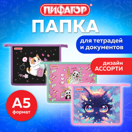 Папка для тетрадей ПИФАГОР А5, 1 отделение, пластик, на молнии, АССОРТИ для девочек, 274522
