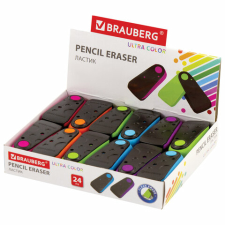 Ластик BRAUBERG "ULTRA COLOR", 57х24х15 мм, ассорти, черный пластиковый футляр, 229562