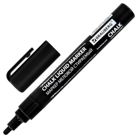 Маркер меловой CHALK LIQUID MARKER, ЧЕРНЫЙ, 3 мм, стираемый, BRAUBERG "CHALK", 152600