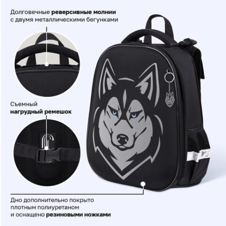 Ранец BRAUBERG SHINY, 2 отделения, с брелоком, "Хаски", СВЕТЯЩИЙСЯ РИСУНОК, 38х28х14 см, 271383