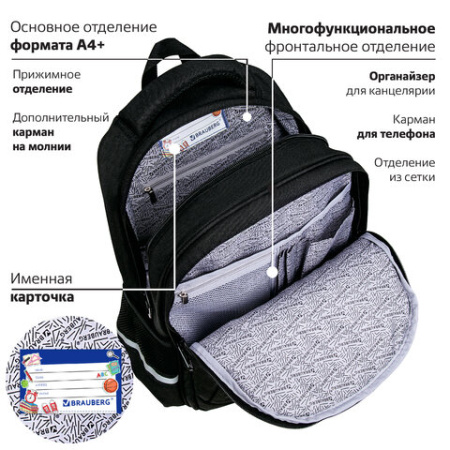 Рюкзак BRAUBERG SOFT, 2 отделения, 3 кармана, "Cool cat", СВЕТЯЩИЙСЯ, 40х31х15 см, 273118