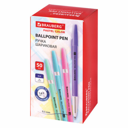 Ручка шариковая BRAUBERG "Офисная" PASTEL COLOR, СИНЯЯ, корпус ассорти, пишущий узел 1 мм, линия письма 0,5 мм, 144199
