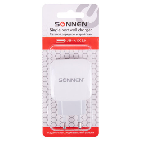 Зарядное устройство быстрое сетевое (220 В) SONNEN, USB QC 3.0 18 Вт, 3 А, белое, 455506