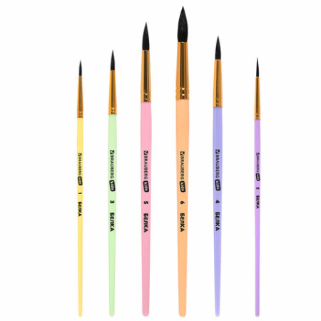 Кисти БЕЛКА набор 6 шт. (круглые № 1, 2, 3, 4, 5, 6), блистер, BRAUBERG KIDS, 201083