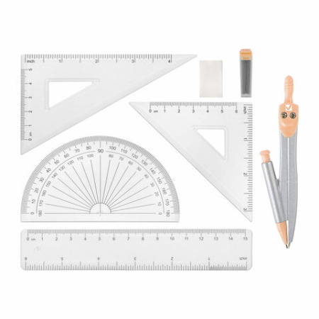 Готовальня BRAUBERG SCHOOL KIT, 9 предметов, циркуль 125 мм, чертежные принадлежности, персиковый цвет, 210715