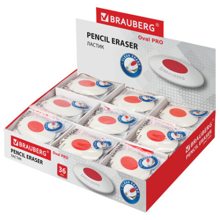 Ластик BRAUBERG "Oval PRO", 40х26х8 мм, овальный, красный пластиковый держатель, 229560
