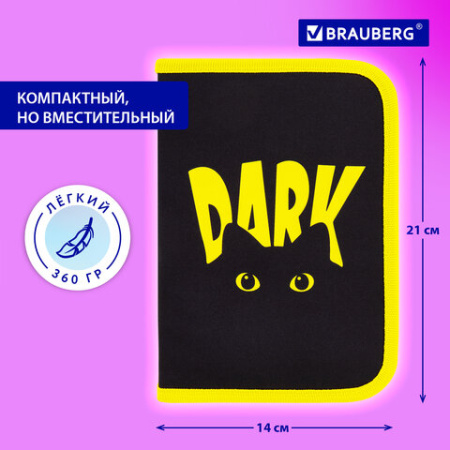 Пенал BRAUBERG с наполнением, 1 отделение, 1 откидная планка, 24 предмета, 21х14 см, "Dark cat", 272351