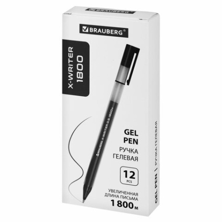 Ручка гелевая BRAUBERG "X-WRITER 1800", УВЕЛИЧЕННАЯ ДЛИНА ПИСЬМА 1 800 м, ЧЕРНАЯ, стандартный узел 0,5 мм, 144135