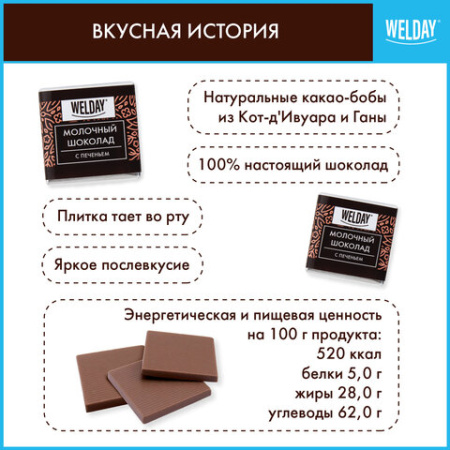 Шоколад порционный с фундуком и печеньем WELDAY (ВЭЛДЭЙ), молочный 27%, 400 г (80 плиток по 5 г), 622408