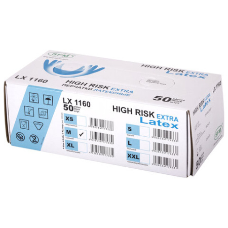 Перчатки латексные медицинские смотровые сверхпрочные SFM HIGH RISK LX 1160, Германия, 25 пар (50 штук), размер 7-8, M (средний)