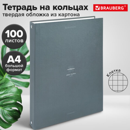 Тетрадь на кольцах БОЛЬШАЯ А4, 220х305 мм, 100 л., твердый картон, клетка, BRAUBERG, "Rhythm", 405407