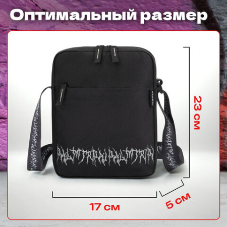 Сумка на плечо HEIKKI COMPACT (ХЕЙКИ) с карманом, черная с принтом, 23х17х5 см, 272629