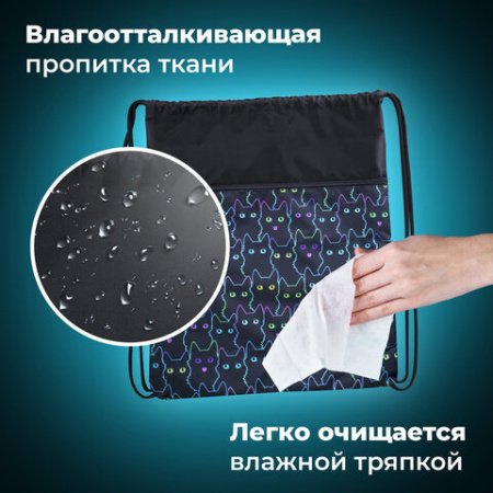 Мешок для обуви BRAUBERG БОЛЬШОЙ, с ручкой, карман на молнии, сетка, 49х41 см, "Неоновые коты", 271059