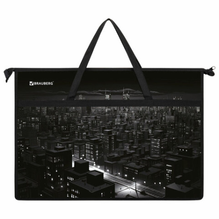 Папка для рисунков и чертежей с ручками BRAUBERG А3, пластик, молния сверху, "Night city", 273410