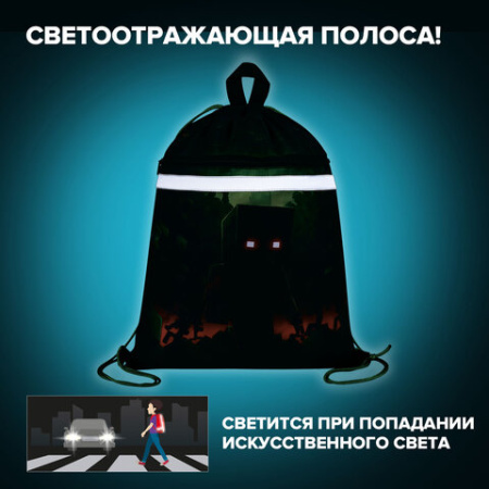 Мешок для обуви BRAUBERG, с петлей, светоотражающая полоса, 2 отделения, 46х36 см, "Ночной воин", 272396