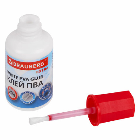Клей ПВА УСИЛЕННЫЙ 20 г с кисточкой (бумага, фотографии, картон, дерево), BRAUBERG Extra, 272998