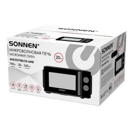 Микроволновая печь SONNEN MW2070BLCR-6MB, 20 л, 700 Вт, таймер, механическое управление, ручка, черная/хром, 454982