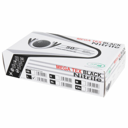 Перчатки нитриловые сверхпрочные с текстурой SFM MEGA TEX BLACK, Германия, 25 пар (50 штук), размер 8-9 (большой)