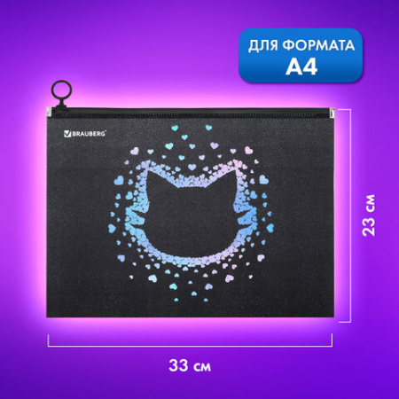 Папка для тетрадей BRAUBERG А4, 1 отделение, пластик, на молнии, "Милая мордочка", 273319