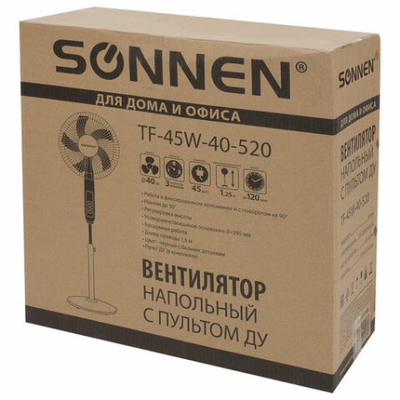 Вентилятор напольный, 3 режима, пульт ДУ, SONNEN TF-45W-40-520, d=40 см, 45 Вт, белый, 454788