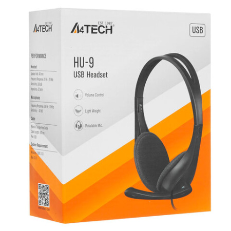 Наушники с микрофоном (гарнитура) A4TECH HU-9, проводные, 1.8 м, USB, черные, 1530266