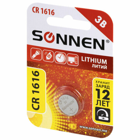 Батарейка литиевая SONNEN Lithium CR1616 "таблетка, дисковая, кнопочная" 1 шт., блистер, 455598