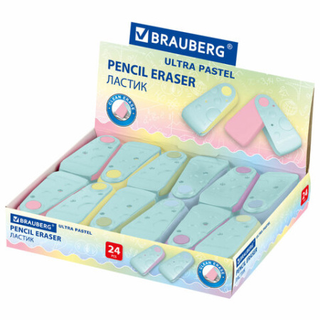 Ластик BRAUBERG "ULTRA PASTEL", 57х24х15 мм, пастельные цвета ассорти, бирюзовый пластиковый держатель, 272688