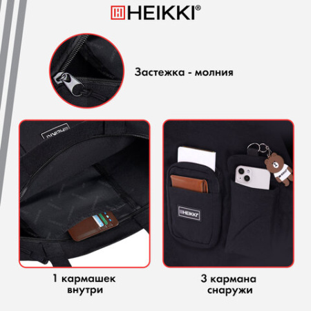 Сумка шоппер HEIKKI EQUIP (ХЕЙКИ), канвас, карманы, 38х35 см, черный, 272441