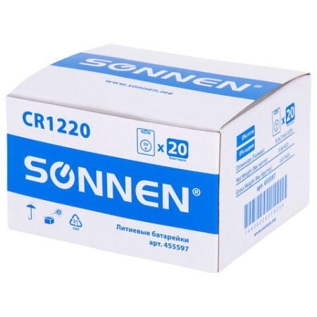 Батарейка литиевая SONNEN Lithium CR1220 "таблетка, дисковая, кнопочная" 1 шт., блистер, 455597