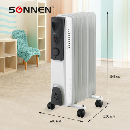Обогреватель масляный SONNEN DFS-07, 1500 Вт, 7 секций, белый, 453498
