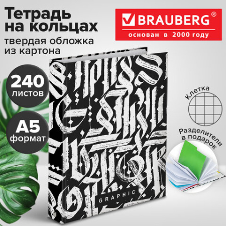 Тетрадь на кольцах А5 (175х215 мм), 240 листов, твердый картон, клетка, с разделителями, BRAUBERG, "Calligraphy", 404097